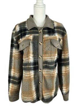 Women’s Plaid Sherpa Jacket Fuzzy Button Front Collared Size L